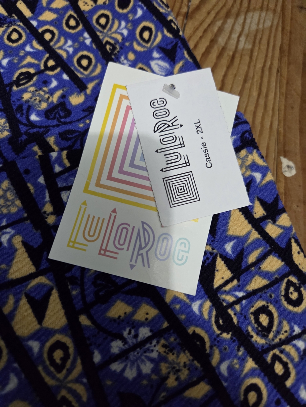 LuLaRoe Cassie Skirt in Royal Blue, Yellow & Black Geometric Print 2X